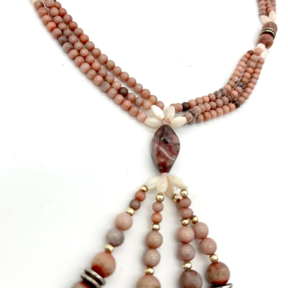 Multi-Strand Peach Pink‎ Moonstone Beaded Necklace with Tassel Pendant - Picture 3 of 4